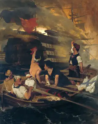 tableau ancien : des hommes dans une barque rament pour s'éloigner d'un grand navire en feu
