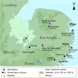 Carte topographique de l'Est-Anglie avec quelques lieux importants.