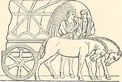 Dessin ou gravure de 1875 représentant une voiture gallo-romaine tirée par deux chevaux.