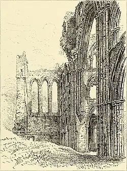Dessin au crayon représentant les ruines d'une abbatiale gothique, vu sur le côté.