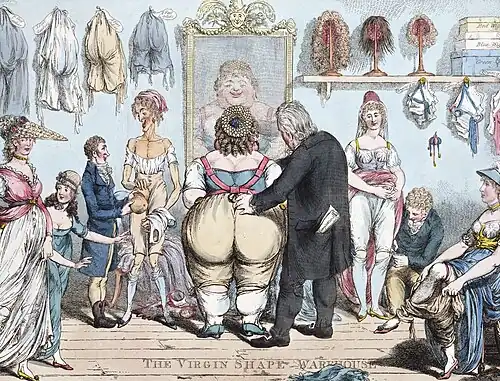 Gravure satirique d'un magasin de corsets.