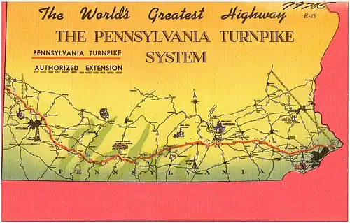 The world's greatest highway, the Pennsylvania Turnpike System. Carte postale Tichnor Brothers. Entre 1930 et 1945.