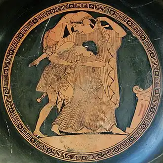 Enlèvement de Thétis par Pélée. Intérieur d'un kylix attique à figures rouges, v. 490 av. J.-C. Provenance : Vulci, Étrurie. - Bibliothèque Nationale de France