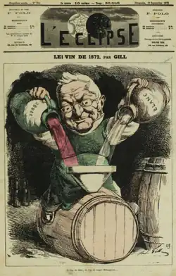 Dessin d'un homme versant du vin rouge et du vin blanc dans un entonnoir relié à un tonneau.