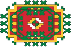 Dessin géométrique à symétries horizontale et verticale aux couleurs rouge, verte et jaune.