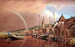 Aquarelle de canal au coucher du soleil : arc-en-ciel vibrant, bâtiments et bateaux européens. Tons chauds, bleus atténués, textures d'eau et de briques.