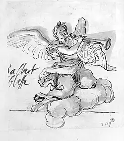 Dessin d'un ange soufflant dans une trompette.