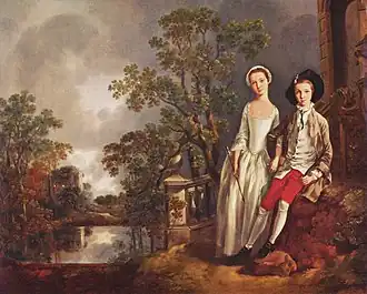 Peinture. Talus au pied d'une tour, jeune fille en robe blanche, adolescent en culotte rouge. À gauche arbres, un lac.