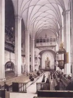 L'intérieur de l'église Saint-Thomas de Leipzig avant sa restauration en 1885. La tribune d'orgue se trouve à gauche. Gravure de O. Kutschera d'après une aquarelle de Hubert Kratz