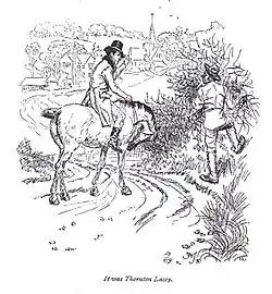 Un cavalier se penche vers un paysan pour se faire confirmer qu'il est à Thornton Lacey