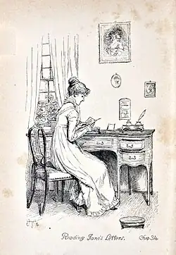 Illustration. Assise à un bureau, Elizabzth lit attentivement une lettre