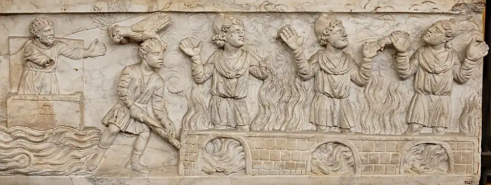 Les trois jeunes gens dans la fournaise (IVe&nbsp;siècle), ancienne collection de Benoît XIV.