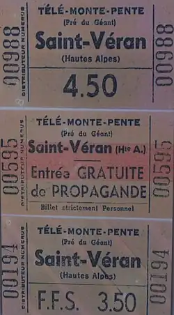 Tickets donnant accès au téléski du Pré du Géant