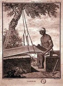 Tisserand indien. Le commerce des "cotonnades" vers l'Europe est un pilier essentiel de la prospérité de Pondichéry au XVIIIe&nbsp;siècle.