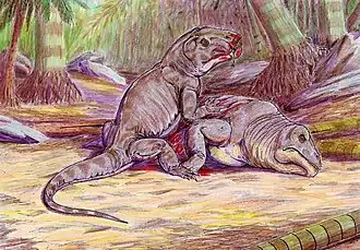 Restitution par D. Bogdanov d'un Titanophoneus dévorant un Ulemosaurus.