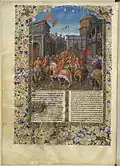 Page enluminée avec une miniature centrale représentant une armée de chevalier au milieu d'une ville romaine.