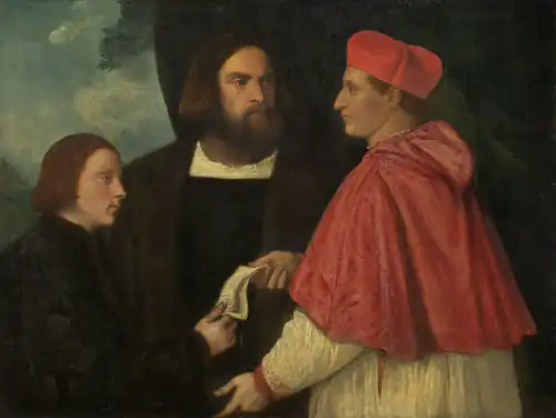 Girolamo et le cardinal Marco Corner investissant Marco, abbé de Carrare, par le Titien, v. 1520