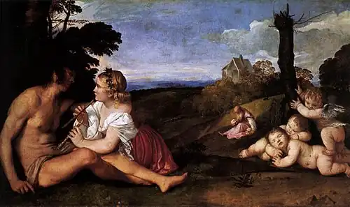 Image d'une peinture montrant dans un paysage de campagne trois groupes de figures, à des distances différentes du spectateur. À gauche, un homme à moitié nu et couché, près d'une fille habillée et sur le point de jouer de la double flûte ; au centre, au loin, un vieil homme méditant sur la mort tenant deux crânes ; à droite, au milieu du champ, trois chérubins, deux endormis et un homme ailé grimpant sur un tronc sec. Le paysage se perd dans une succession de collines vues de haut, jusqu'à un horizon bleu indéfini.