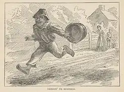 Garçon noir, seau à la main, détalant devant la maison ; silhouettes (femme et garçon) près de l'entrée.