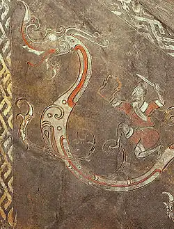 Brique peinte avec un soldat en armes chevauchant un dragon. Ier&nbsp;siècle&nbsp;av. J.-C. Han Occidentaux. Luoyang, Henan. R. Ontario Museum.