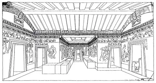 Croquis général de l'intérieur d'une tombe avec des murs peints