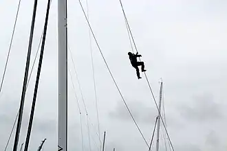 Gabier sur un filin d'un gréement moderne (Brest 2012).