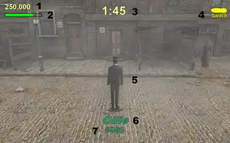 Photo de dos d'un personnage, l'interface est reproduite : score total et special en haut à gauche, le temps au milieu en haut, la position sur la planche en haut à droite, le nom de la figure et le score en bas au milieu.