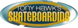Logo du jeu Tony Hawk's Skateboarding. La photo représente une forme ovale de couleur bleu et grise en fond et au premier plan le titre du jeu sur deux lignes.