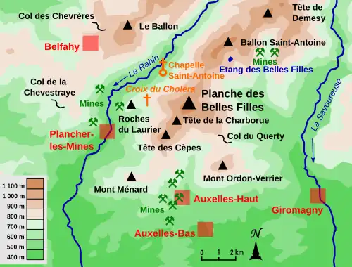 Carte montrant le relief échelonnée par centaine de mètres.