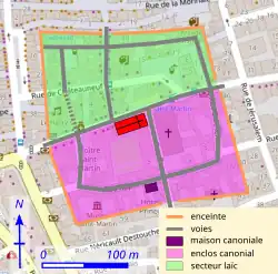 Séparation en quartiers d'une ville ancienne et de sa voirie reportés sur un plan moderne.