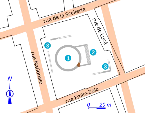 Vestiges antiques replacés dans un plan moderne de voirie. Légende détaillée ci-dessous.