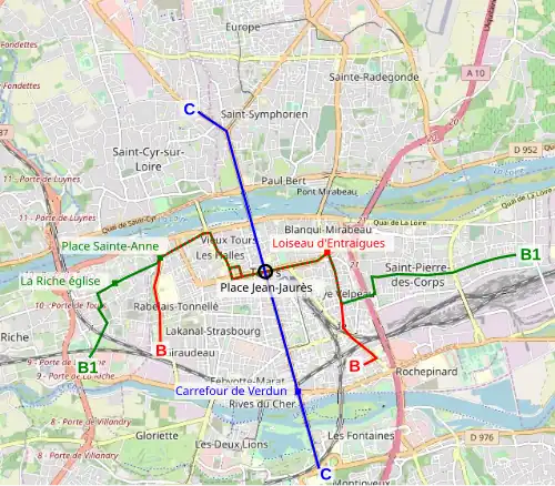 Carte en couleurs d'un réseau de transport en commun.
