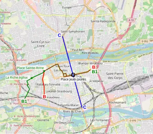Carte en couleurs d'un réseau de transport en commun.