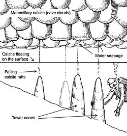 Croquis des cônes de la grotta Giusti, Monsummano Terme, Toscane, Italie.