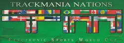 Sur un fond vert, TrackMania Nations est écrit en lettres blanches, ainsi que les lettres T et M en dessous avec  de nombreux drapeaux de pays. En dessous, est écrit Electronic Sport Wolrd Cup.