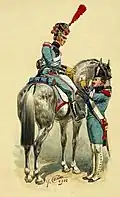 Un fantassin transmettant des ordres à un cavalier.