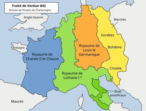 Traité de Verdun (843) : l'Empire carolingien est divisé entre les trois fils de Louis le Pieux : Charles&nbsp;II le Chauve (Francie occidentale), Lothaire&nbsp;Ier (Francie médiane) et Louis&nbsp;II de Germanie (Francie orientale).