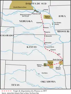 Carte des États centraux des États-Unis faisant apparaître le trajet de déportation des Poncas du nord du Nebraska à l'Oklahoma.