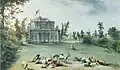 Pavillon Rinaldi construit sur la grande Neva, sur la demande du baron Sergueï Grigorievitch Stroganov, œuvre de l'architecte italien Antonio Rinaldi (1754), une peinture de Jean-Baptiste de La Traverse (1790)