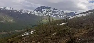 Vue de Tromsdalstinden et de la vallée de Tromsdalen depuis Fløya.