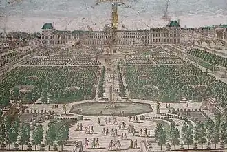 Le jardin au XVIIe&nbsp;siècle, met en scène le palais des Tuileries avant tout.