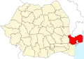 Map of Romania highlighting Tulcea County