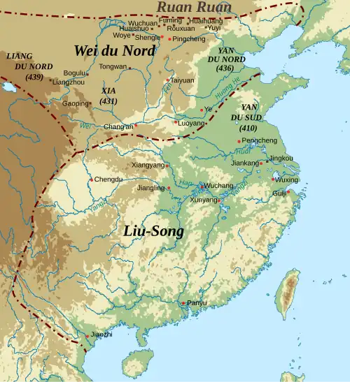 Extension des royaumes des Wei du Nord et des Song du Sud vers 450.