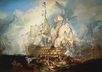 « The Battle of Trafalgar, 21 October 1805 » par Joseph Mallord William Turner : le HMS&nbsp;Victory, navire amiral de Horatio Nelson. Le Union Flag tombé au premier plan fait allusion à la mort de Nelson.