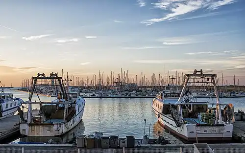 Deux chalutiers amarrés au quai de la Consigne en face d'une marina dans le port de Sète - Hérault, France. Juillet 2018.