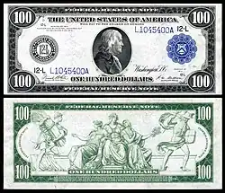 Avers et revers d'un billet de 100 dollars américains, type 1914, sceau bleu