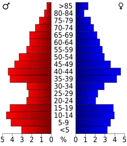 Schéma représentant la population du comté, par tranche d'âge. En rouge, à gauche, les femmes, en bleu à droite, les hommes.