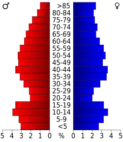Schéma représentant la population du comté, par tranche d'âge. En rouge, à gauche, les femmes, en bleu à droite, les hommes.
