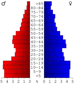 Schéma représentant la population du comté, par tranche d'âge. En rouge, à gauche, les femmes, en bleu à droite, les hommes.