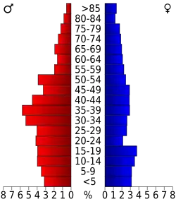Schéma représentant la population du comté, par tranche d'âge. En rouge, à gauche, les femmes, en bleu à droite, les hommes.